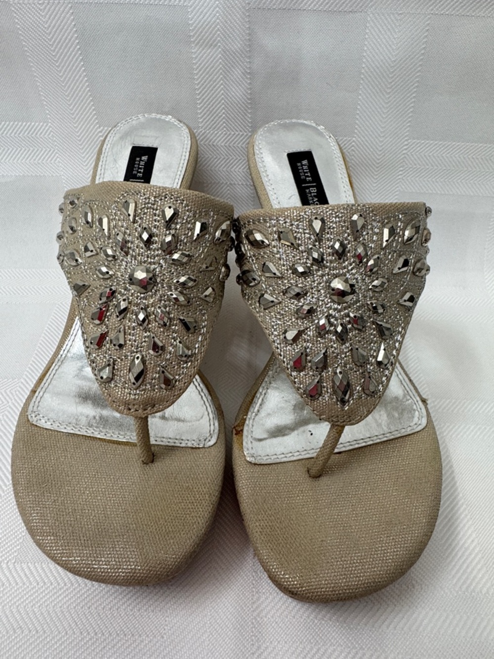 White House Black Market Champagne Shimmer Jeweled Thong Wedge Sandals